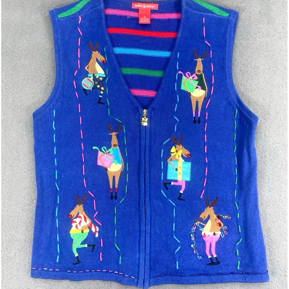 Merry & Bright Christmas Sweater Vest Sz M Reindeer‎ Embellished Beaded Novelty